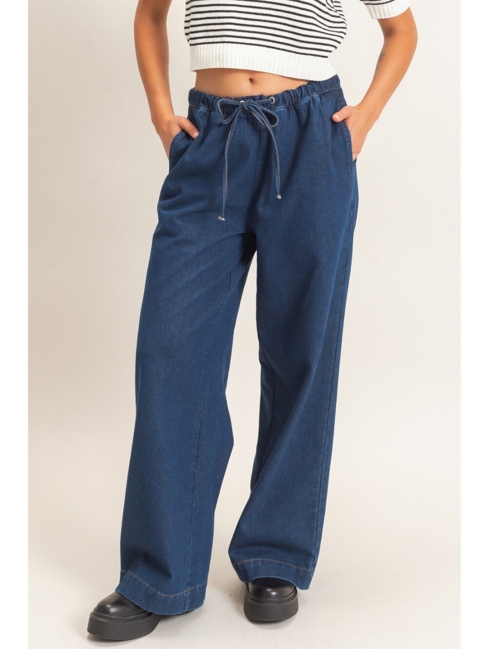 Double Zero Dark Denim Wide Leg Drawstring Comfy Pants